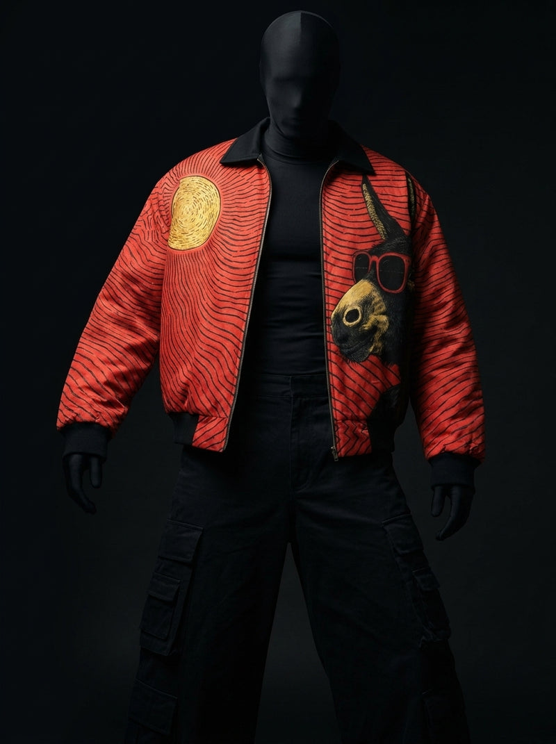Red Wave Canvas Fur-Lined Zip-Up Jacket