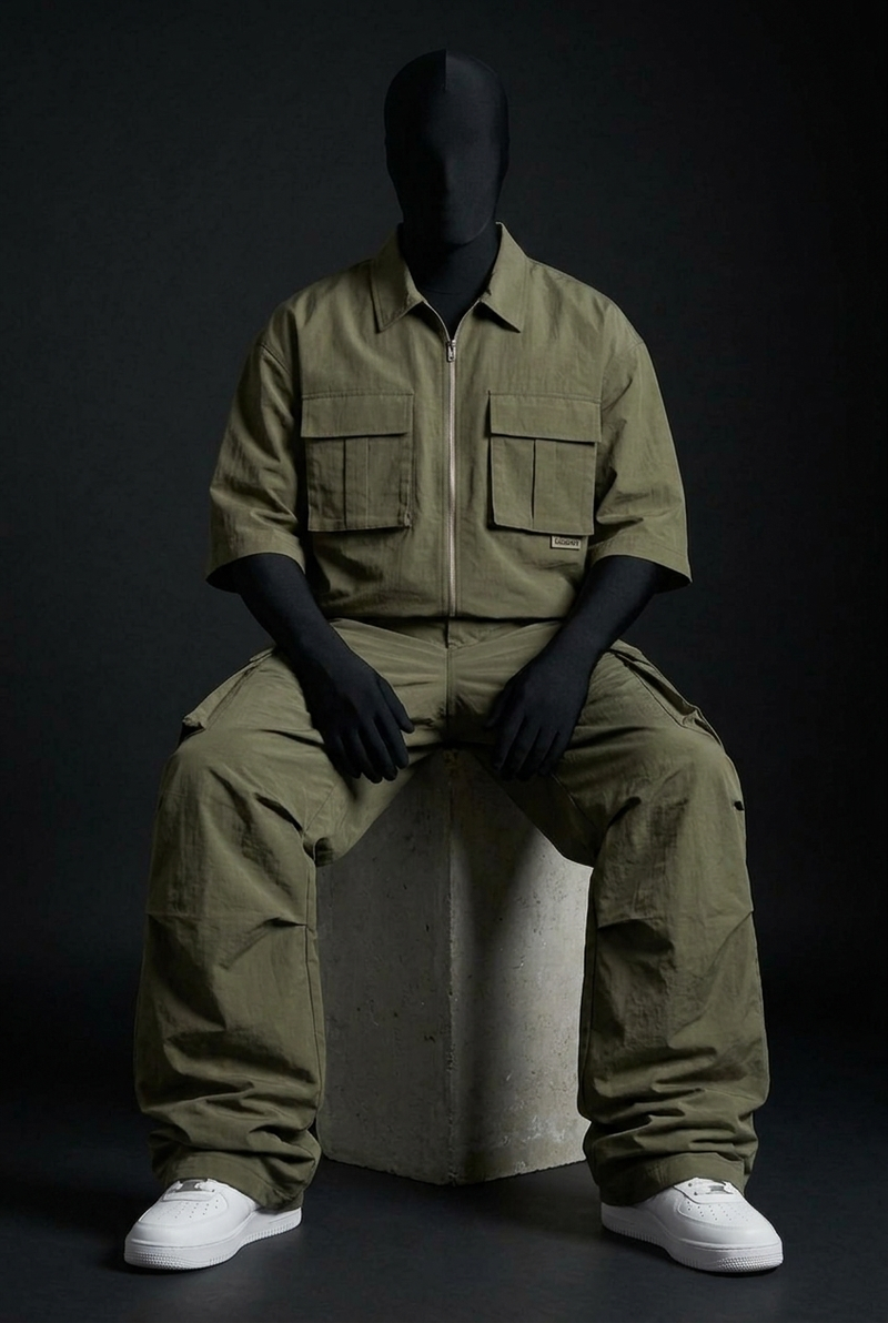 Olive Tactical Crush-Nylon Zip Co-ord Set