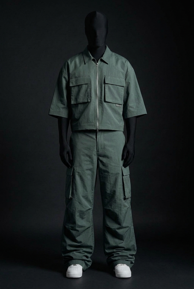 Teal Zenith Crush-Nylon Zip Co-ord Set