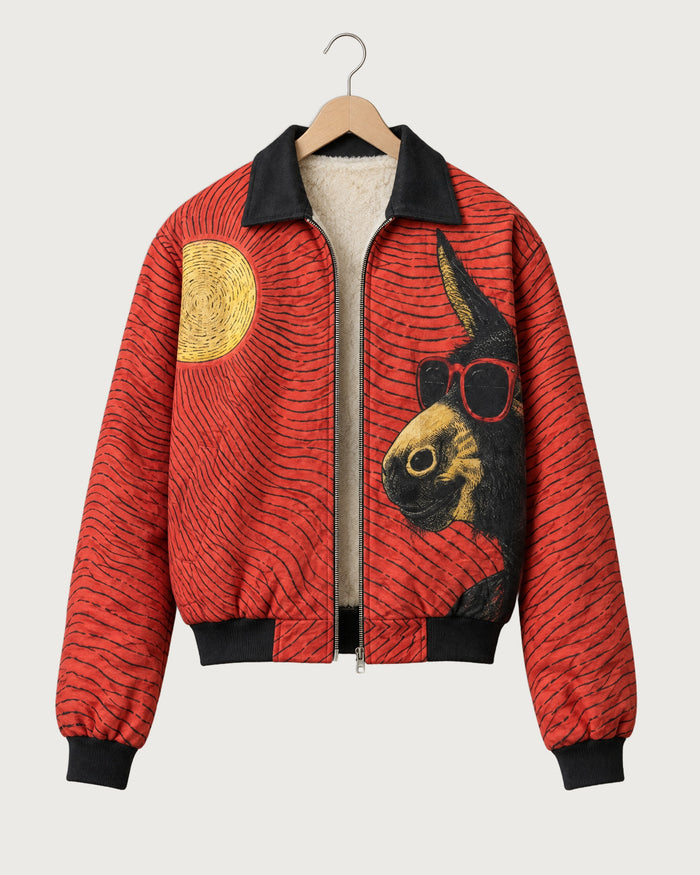 Red Wave Canvas Fur-Lined Zip-Up Jacket