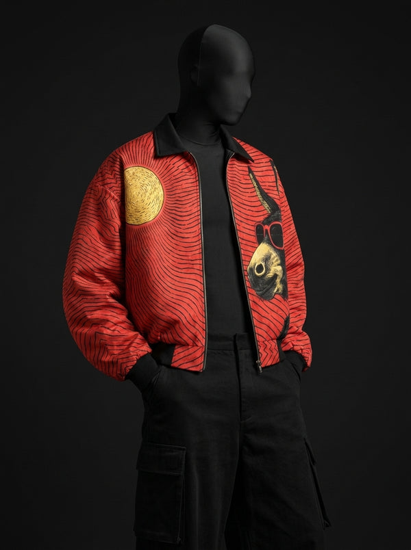 Red Wave Canvas Fur-Lined Zip-Up Jacket