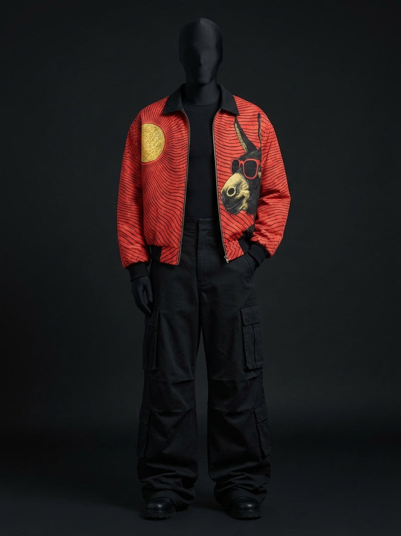 Red Wave Canvas Fur-Lined Zip-Up Jacket