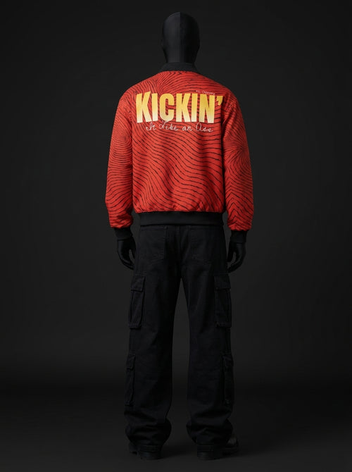Red Wave Canvas Fur-Lined Zip-Up Jacket