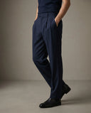 Pleated Structured Wide-Leg Trouser - Midnight Navy CLAZZEY