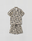 Antique Patchwork graphic co-ord set flat lay - cotton satin shirt and shorts