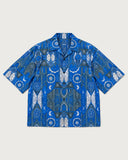 Cathedral Boxy-Fit Cuban Shirt flat lay - cobalt blue stained glass print