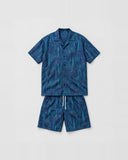 City Skyline graphic co-ord set flat lay - cotton satin shirt and shorts