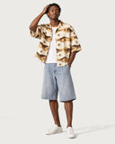 Compass Boxy-Fit Cuban Shirt summer look with light-wash denim shorts