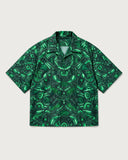 Cybernetic Boxy-Fit Cuban Shirt flat lay - emerald green cyber owl print