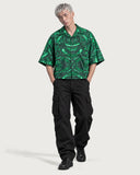 Cybernetic Boxy-Fit Cuban Shirt buttoned with black cargo pants