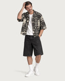 Fight Night Boxy-Fit Cuban Shirt summer look with black denim shorts