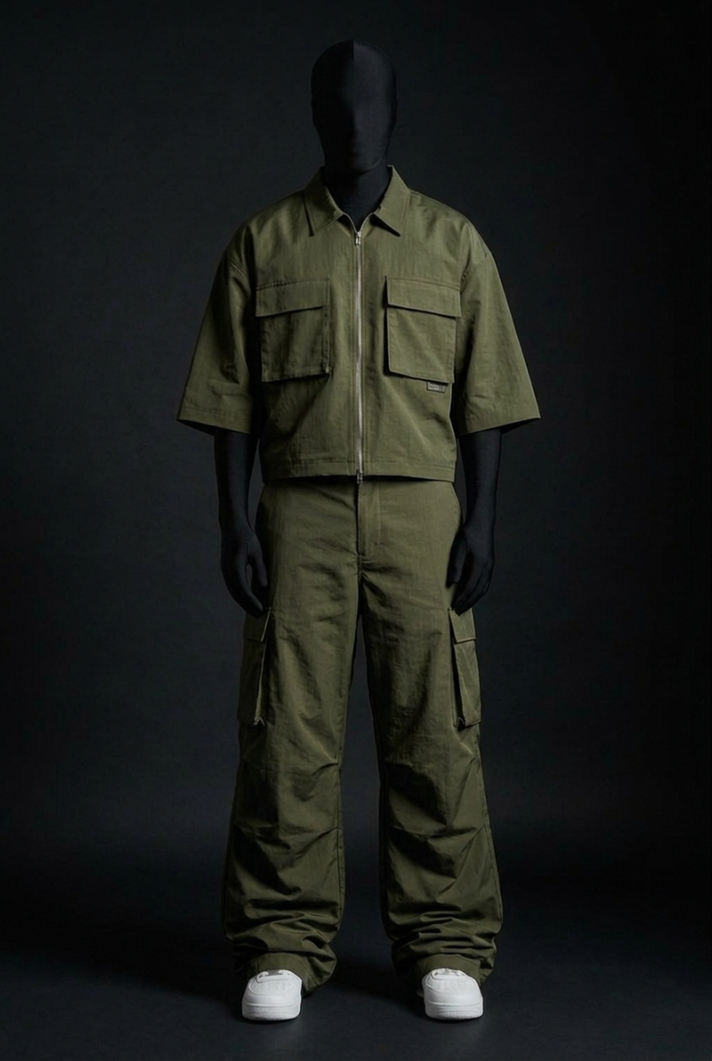 Olive Tactical Crush-Nylon Zip Co-ord Set