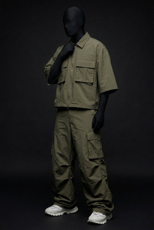 Olive Tactical Crush-Nylon Zip Co-ord Set