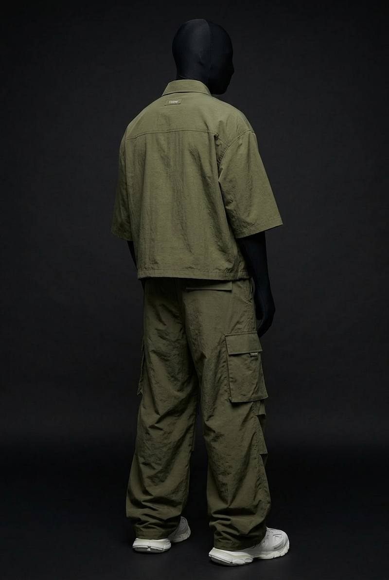 Olive Tactical Crush-Nylon Zip Co-ord Set