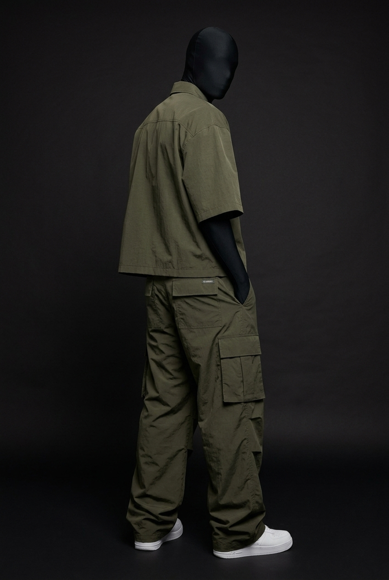 Olive Tactical Crush-Nylon Zip Co-ord Set