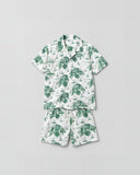 Island Toile graphic co-ord set flat lay - cotton satin shirt and shorts