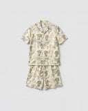 Ivory Botanica graphic co-ord set flat lay - cotton satin shirt and shorts