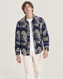 Leopard's Lair tapestry shacket - worn open, front view