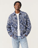 Navy Nebula tapestry shacket - worn open, front view