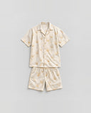 Ocean Shell graphic co-ord set flat lay - cotton satin shirt and shorts