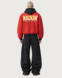 Red Wave Canvas fur-lined zip-up jacket – back view on model