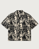 Renaissance Boxy-Fit Cuban Shirt flat lay - cream angel and statue print on black