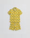 The Retro Wave graphic co-ord set flat lay - cotton satin shirt and shorts