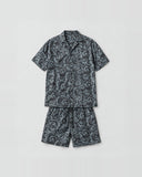 Slate Paisley graphic co-ord set flat lay - cotton satin shirt and shorts