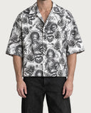 Tattoo Boxy-Fit Cuban Shirt front view - black ink tattoo flash print on white, boxy cropped fit