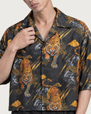 Rebellion Tiger Boxy-Fit Cuban Shirt collar and print close-up