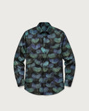 Viper Void Premium Iridescent Cotton Shirt flat lay - teal and violet plume print